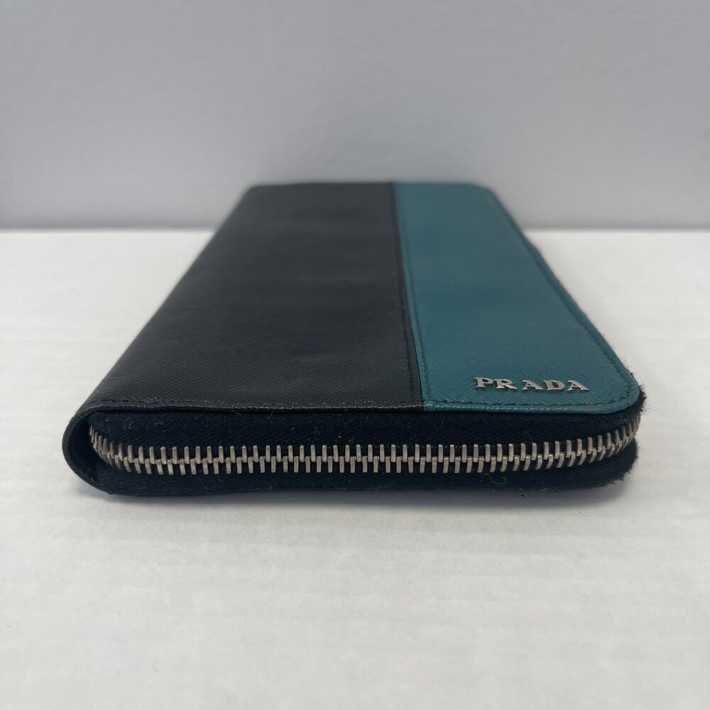 Prada Saffiano Leather Organizer Zippy Wallet in Black and Turquoise - Preowned - Picture 8 of 13